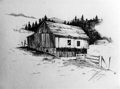 Pencil Sketch Of A Barn Landscape Pencil Drawings Landscape Drawings