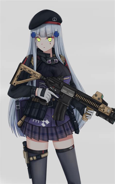 Safebooru 1girl Absurdres Assault Rifle Bag Bangs Beret Black Legwear Blue Hair Breasts