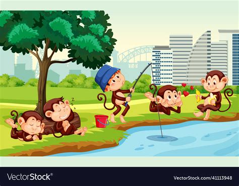 Park Scene With Little Monkeys Doing Different Vector Image