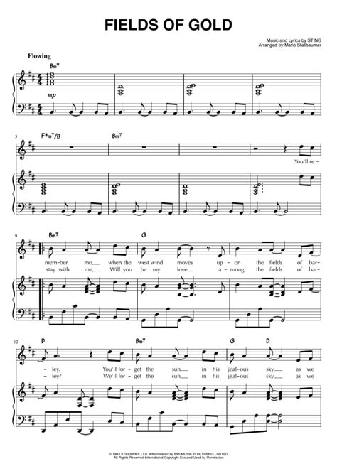 Fields Of Gold Arr Mario Stallbaumer Sheet Music Sting Piano Vocal Guitar Chords