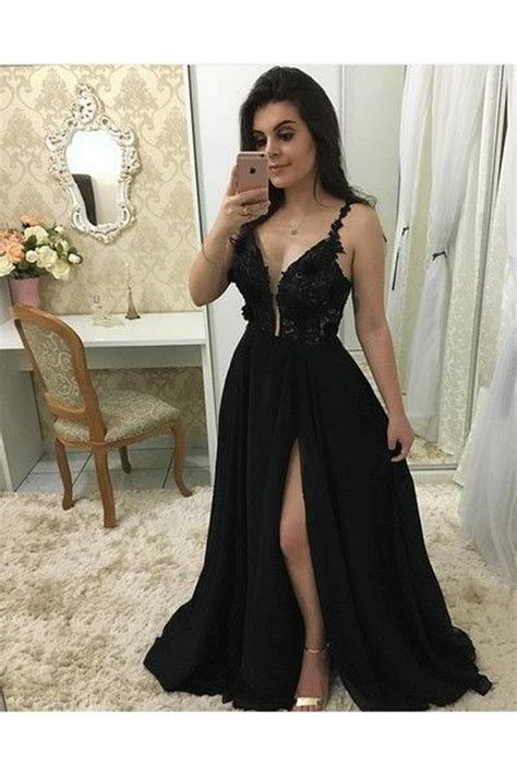 A Line Beaded Lace Chiffon Long Black Prom Dresses Formal