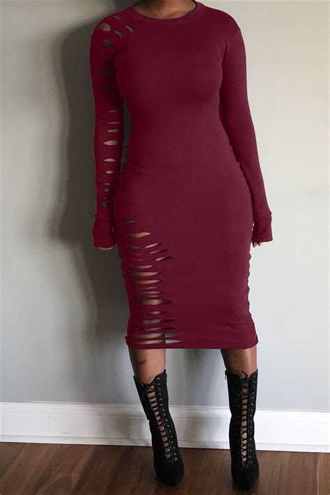 Wholesale Wine Red Fashion Sexy Regular Sleeve Long Sleeve O Neck Mid Calf Solid Dresses K5798
