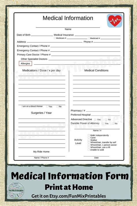 Medical Information Form Emergency Contacts Form Printable