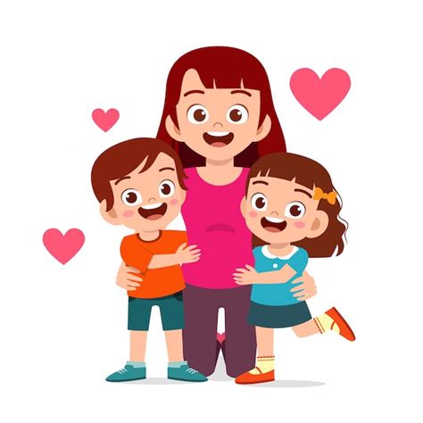 Felices Los Niños Lindos Niño Y Niña Abrazan A Mamá Vector Premium