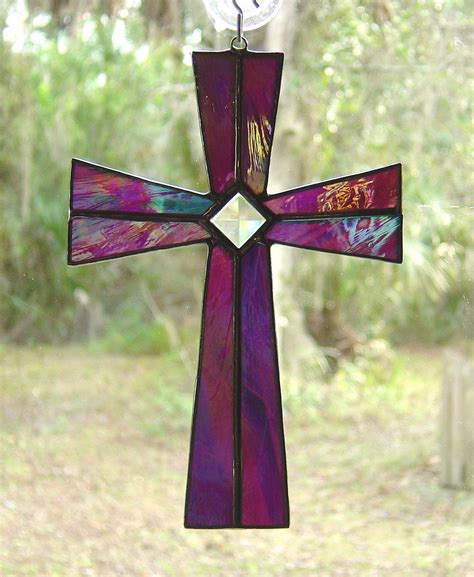 Iridescent Purple Stained Glass Cross With Glass Bevel Easter T