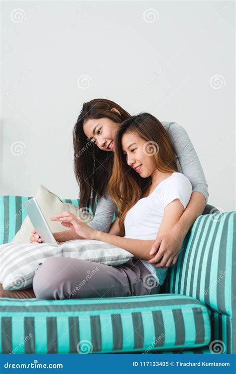 Beautiful Young Asian Women Lgbt Lesbian Happy Couple Sitting On Sofa