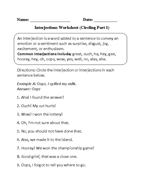 Interjections Worksheets Interjections