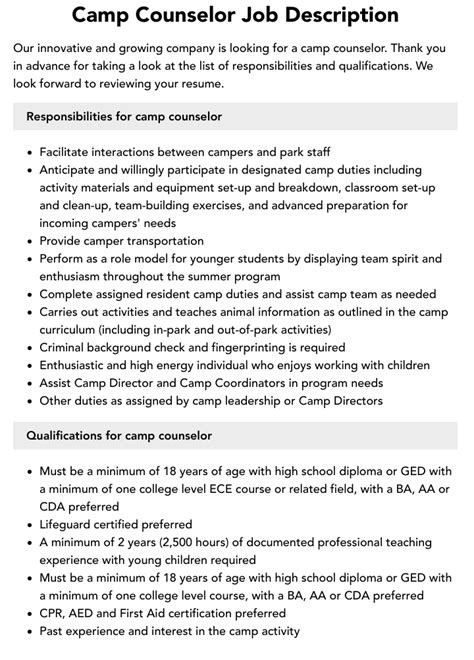 Camp Counselor Job Description Velvet Jobs
