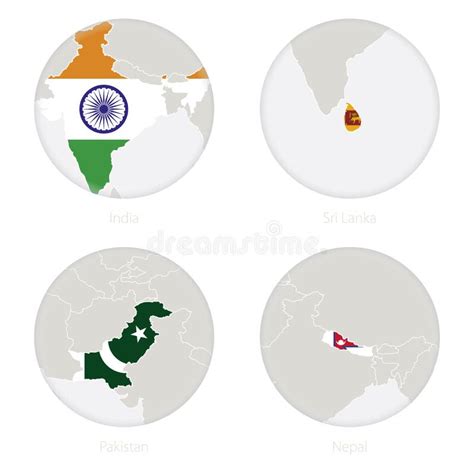 India Sri Lanka Pakistan Nepal Map Contour And National Flag In A