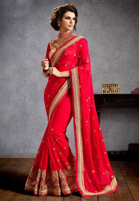 Buy Red Faux Georgette Saree With Blouse Online Work Embroidered
