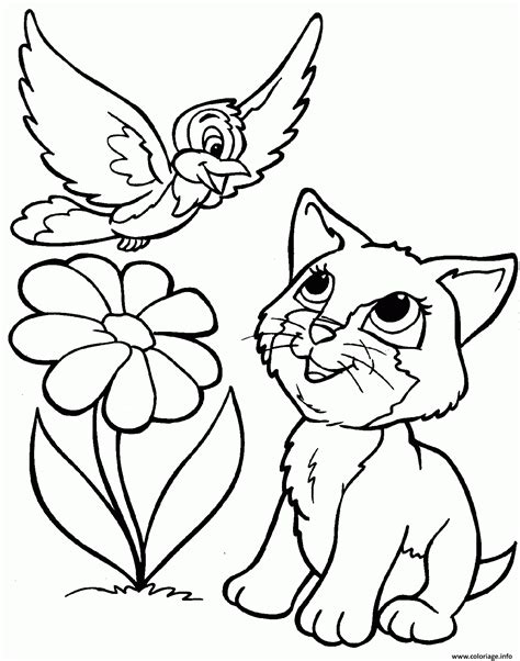 Coloriage Chat Ami Avec Un Oiseau Dessin Chat à Imprimer