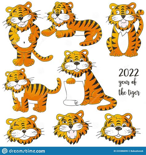 Set Of Tigers In Hand Draw Style Faces Of Tigers Stock Image Image