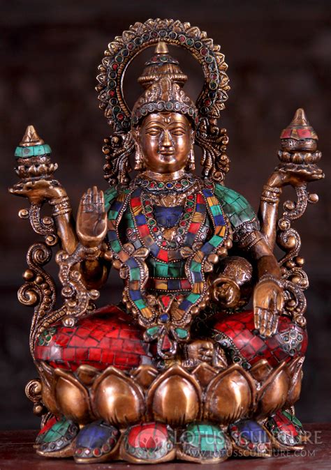 Brass Hindu Goddess Lakshmi Statue With Beautiful Colored Stones