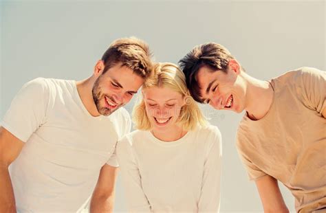 Our Feelings Look From Success Heights Happy Woman And Two Men