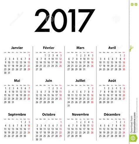 French Calendar Grid For 2017 Year Stock Vector Illustration Of
