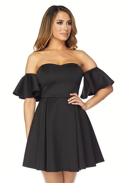 Off The Shoulder Cocktail Dress W Ruffled Short Sleeves In Black Clubwear Dresses Womens