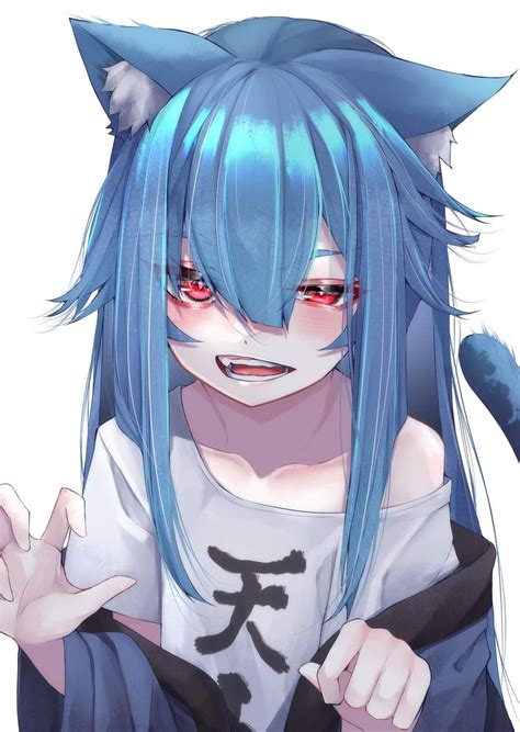 Anime Anime Girls Fangs Open Mouth Blue Hair Animal Ears Cat Girl Tail