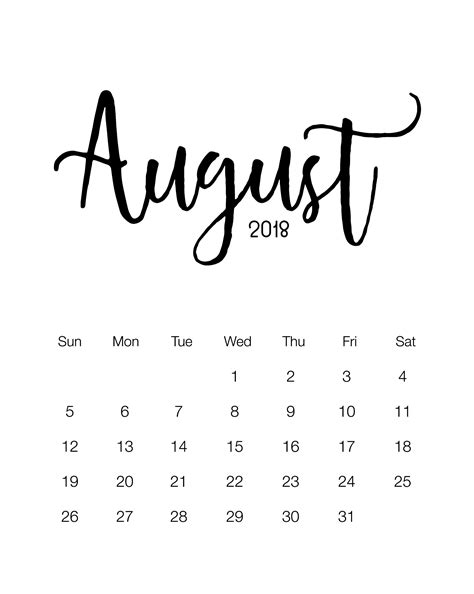 August 2018 Calendar August Calendar Bullet Journal Inspiration