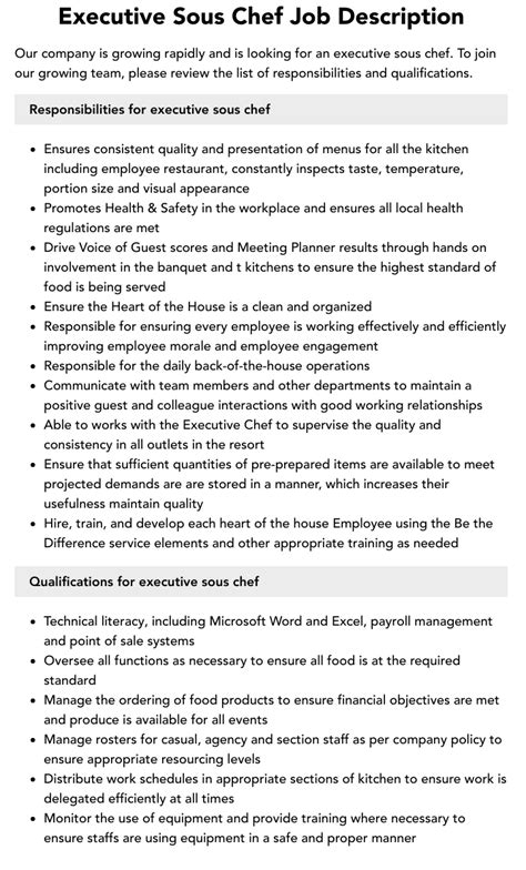 Executive Sous Chef Job Description Velvet Jobs