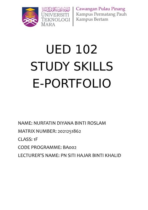 Ued102 E Potfolio Portfolio Study Skills Uitm Studocu