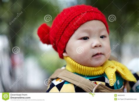 Baby Boy In Red Winter Knitted Hat Stock Image Image Of Park