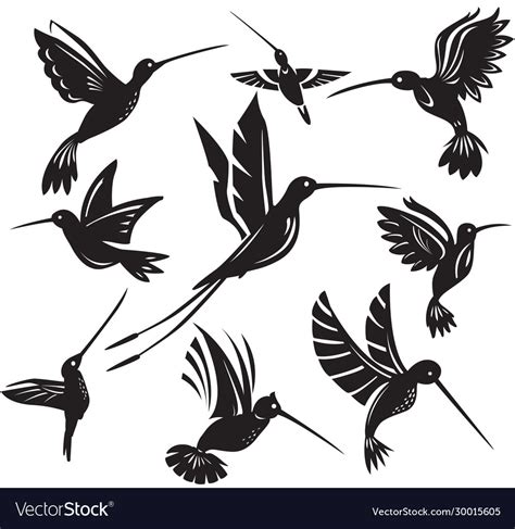 Set Silhouettes Flying Hummingbirds Royalty Free Vector