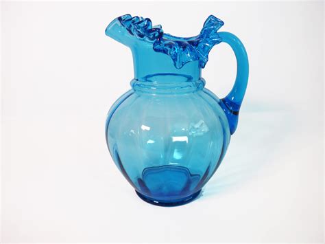 Vintage Blue Glass Frilly Edge Pitcher Large Heavy Blue Pitcher Water Or Lemonade Pitcher