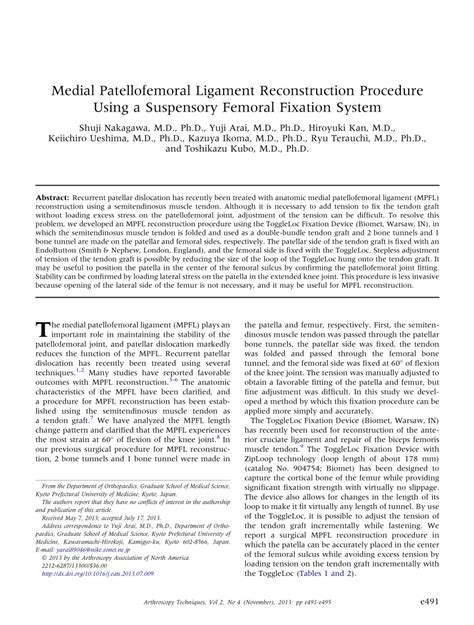 Pdf Medial Patellofemoral Ligament Reconstruction Procedure Using A