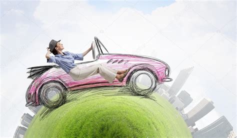 Kobieta Jazdy Starego Stylu Ciągnione Samochodu Techniki Mieszane — Zdjęcie Stockowe