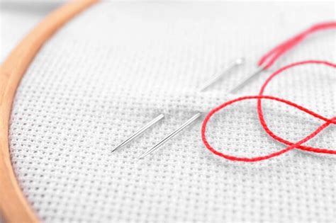 Premium Photo Embroidery Hoop With Fabric Sewing Needles And Thread
