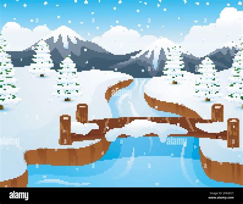 Cartoon Winter Landscape With Mountains And Small Wooden Bridge Over