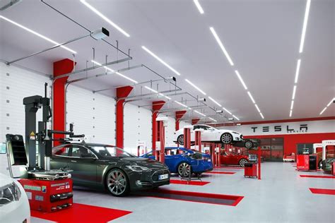 Car Workshop Tesla With Led Lights Automotive And Industrial Repair