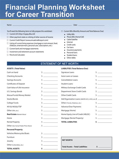 Financial Planning Worksheet For Career Transition Fill And Sign