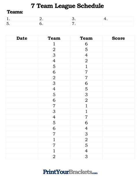 Printable 7 Team League Schedule Teams Printable Chart Exercises