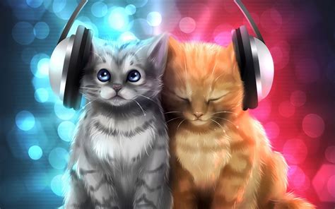 Animal Cat Cats Artwork Art Kitten Headphones Wallpaper 2560x1600