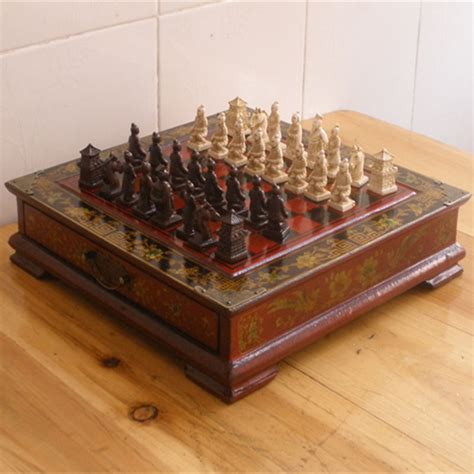 Terracotta Army Antique Chess Set Board Box Carved Unique Vintage