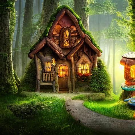 Fairy Tale Little Cottage In Magical Forest Stock Illustration