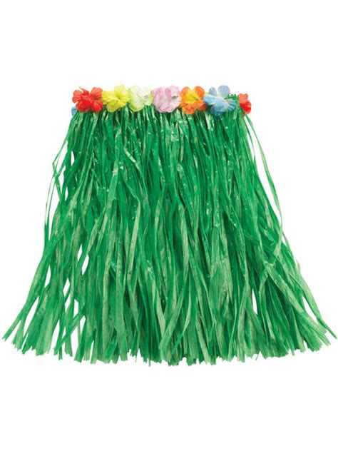 Short 50cm Green Hawaiian Grass Skirt Flowers Fancy Dress Hula Tropical