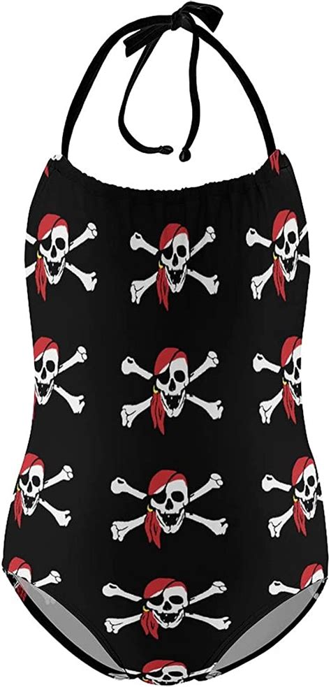 Weedkeycat Skull And Crossbones Pirate Girls One Piece Halter Swimsuit Swimwear