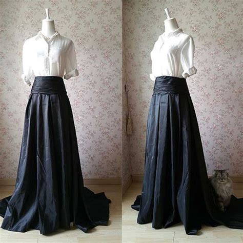 Real Photo Black Long Taffeta Skirts For Women High Waist Floor Length
