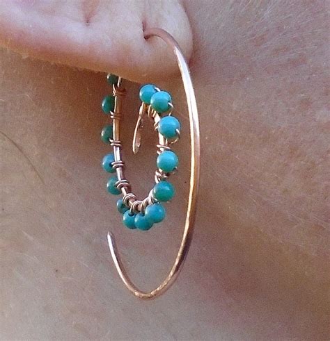 Rose Gold Hoops Turquoise Spiral Earring Hammered Metal Etsy