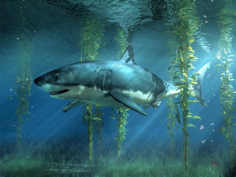 Great White Shark In The Seaweed By Deskridge On Deviantart