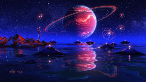Water Digital Art Science Fiction Starry Night Planetary Rings Cgi