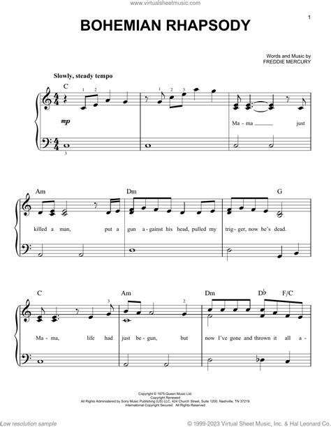 Bohemian Rhapsody, (beginner) sheet music for piano solo (PDF)