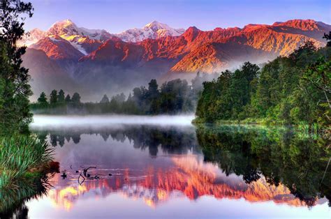 South Island New Zealand Landscape Reflection River Forest Fog Mist