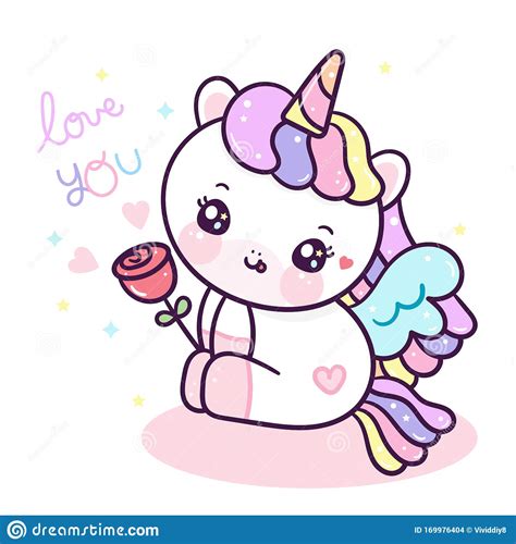 Cute Unicorn Cartoon Pony Child Vector Holding Rose Flowerlittle Horse