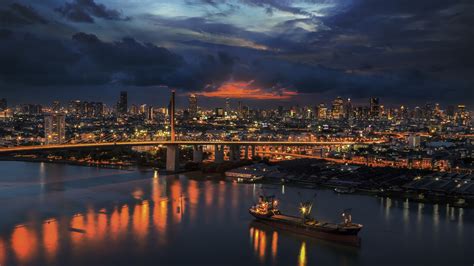 Reise Nach Thailand Bangkok Fluss Brücke Wolkenkratzer Lichter