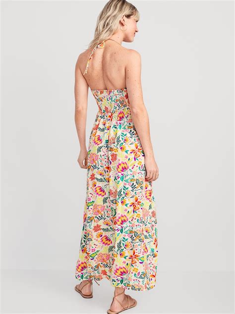 fit and flare crinkled halter maxi dress old navy