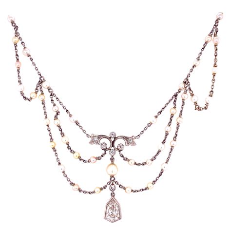 Edwardian Aquamarine Seed Pearl Diamond And Platinum Necklace At 1stdibs