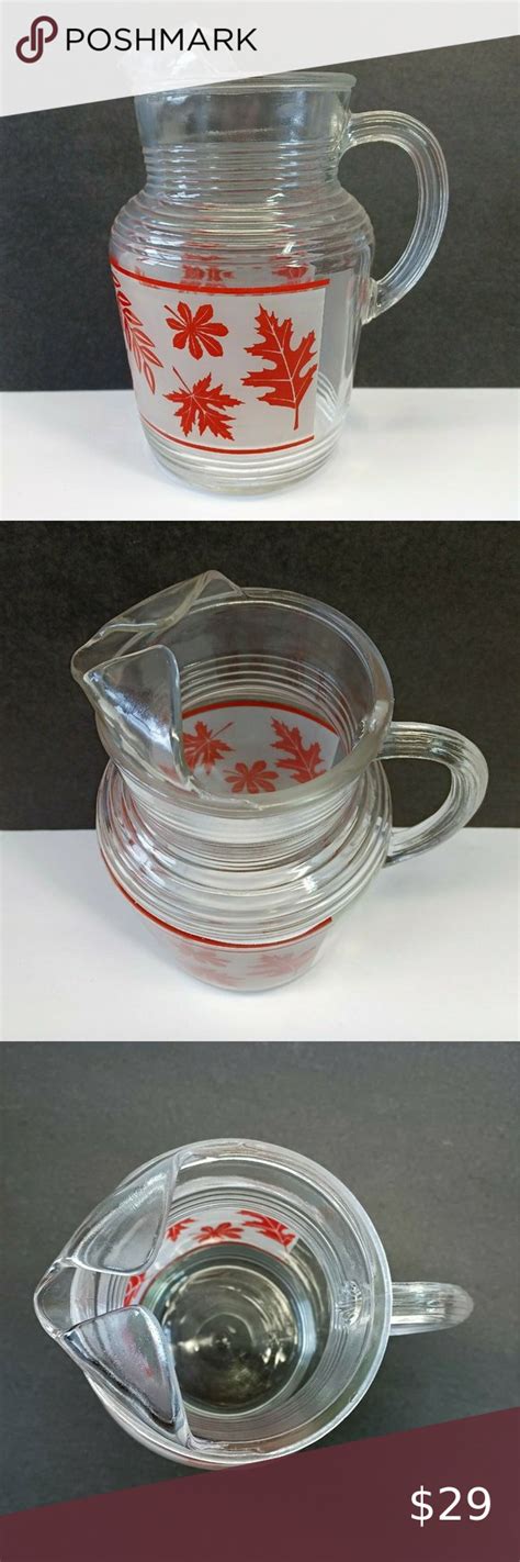Vintage Hazel Atlas 9 5 H Clear Glass Pitcher Red Leaves Water Iced Tea